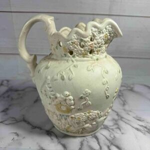 Victorian Collection Embossed Floral Bird Ceramic Pitcher Vase Cottagecore Decor